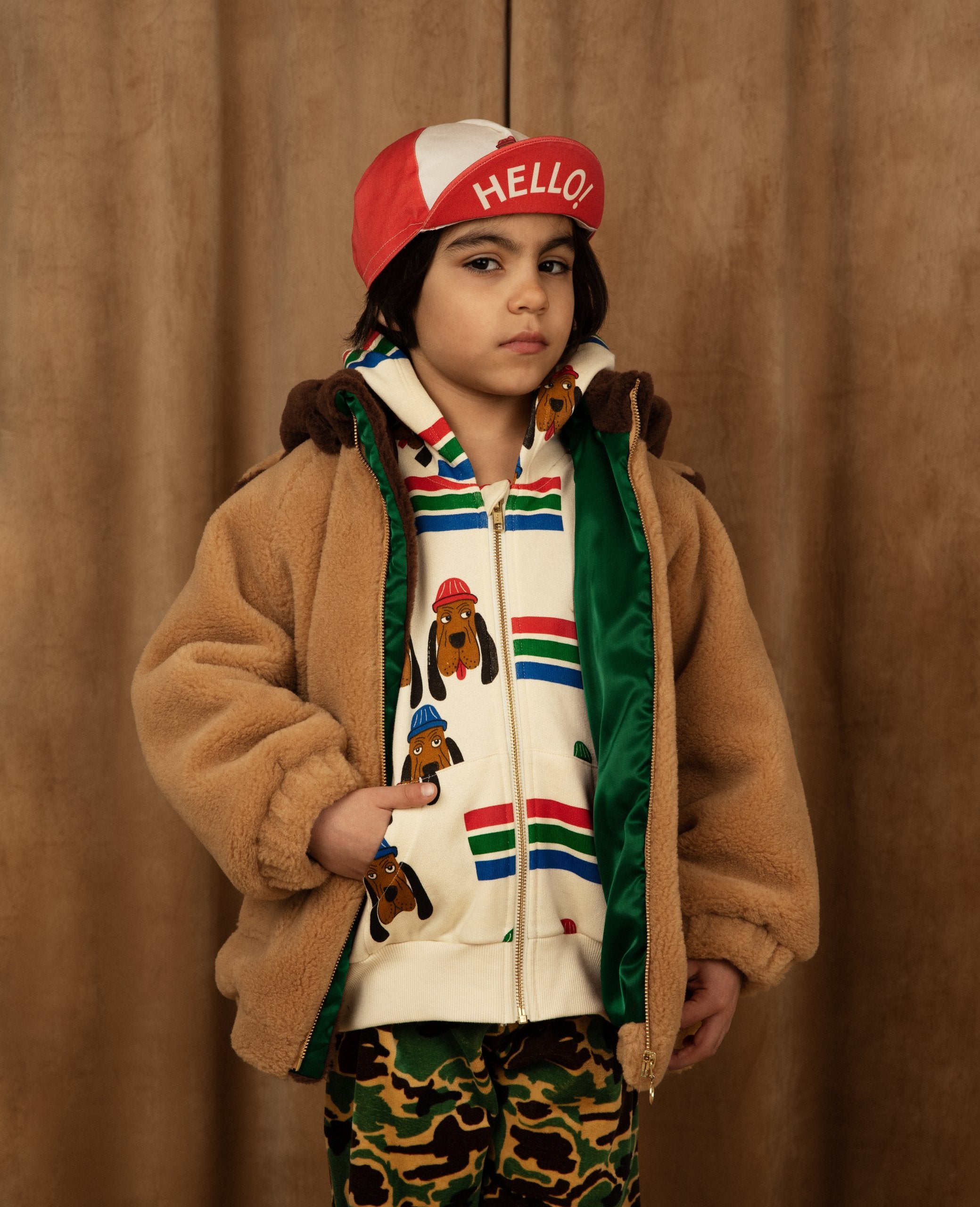 ADORED FAUX FUR HOODED JACKET - faux fur hooded jacket in tan with bear ears hood and  green lining 
