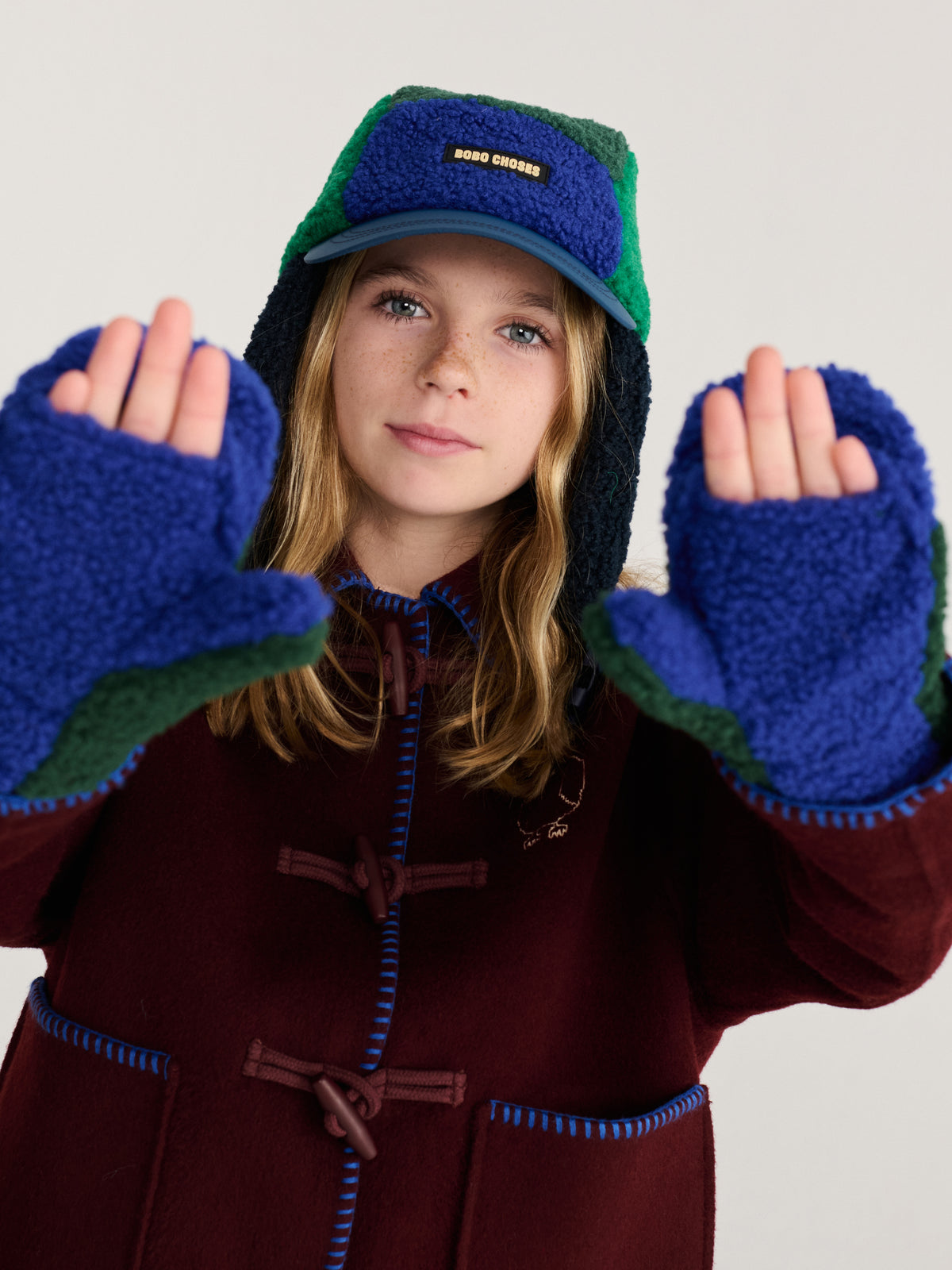Color Block sheepskin mittens dark green